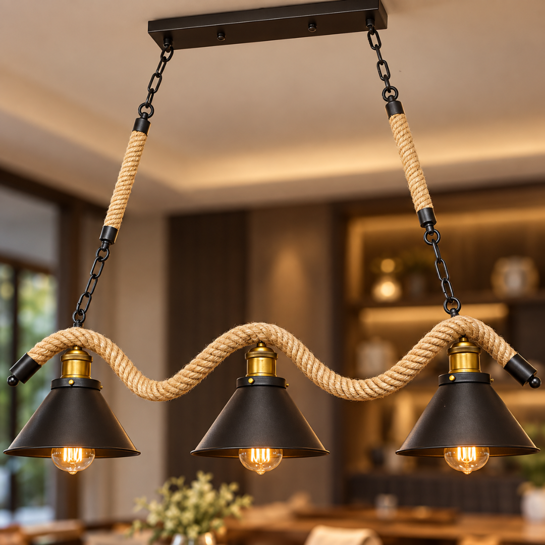 Wooden Twist rope pendant chandelier – close-up of wavy hemp rope, brass lamp holders and black cone shades