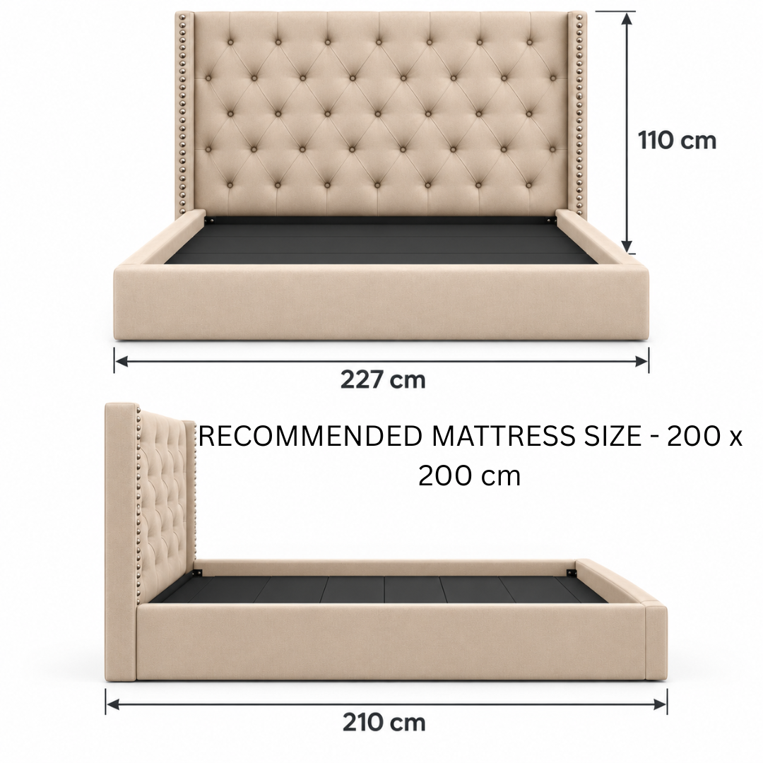 Wooden Twist Holland Wingback Tufted Velvet Bed Golden – Super King dimensions 227 x 210 x 110 cm