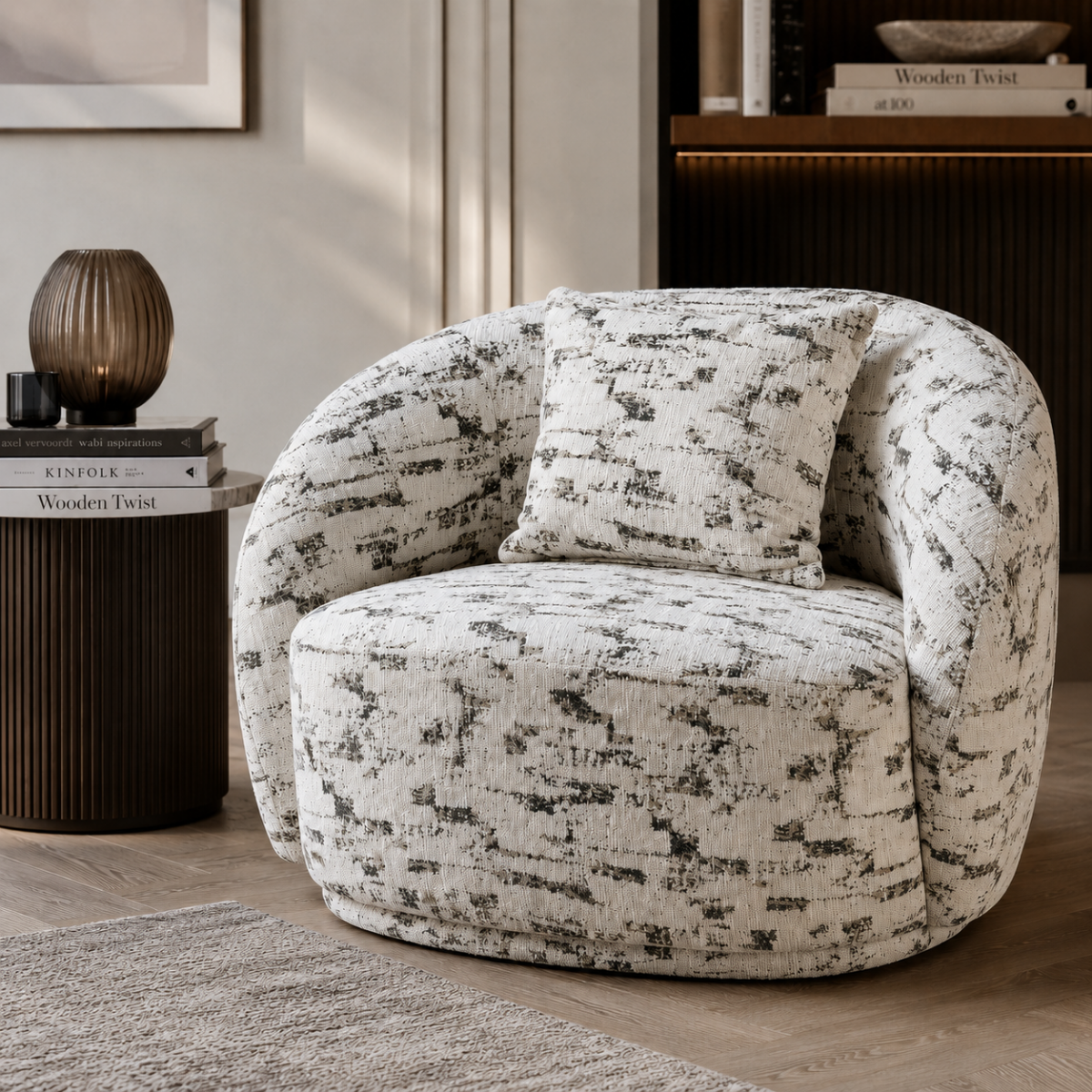 Wooden Twist Snug Modern Curved Sofa Single Seater, lifestyle view