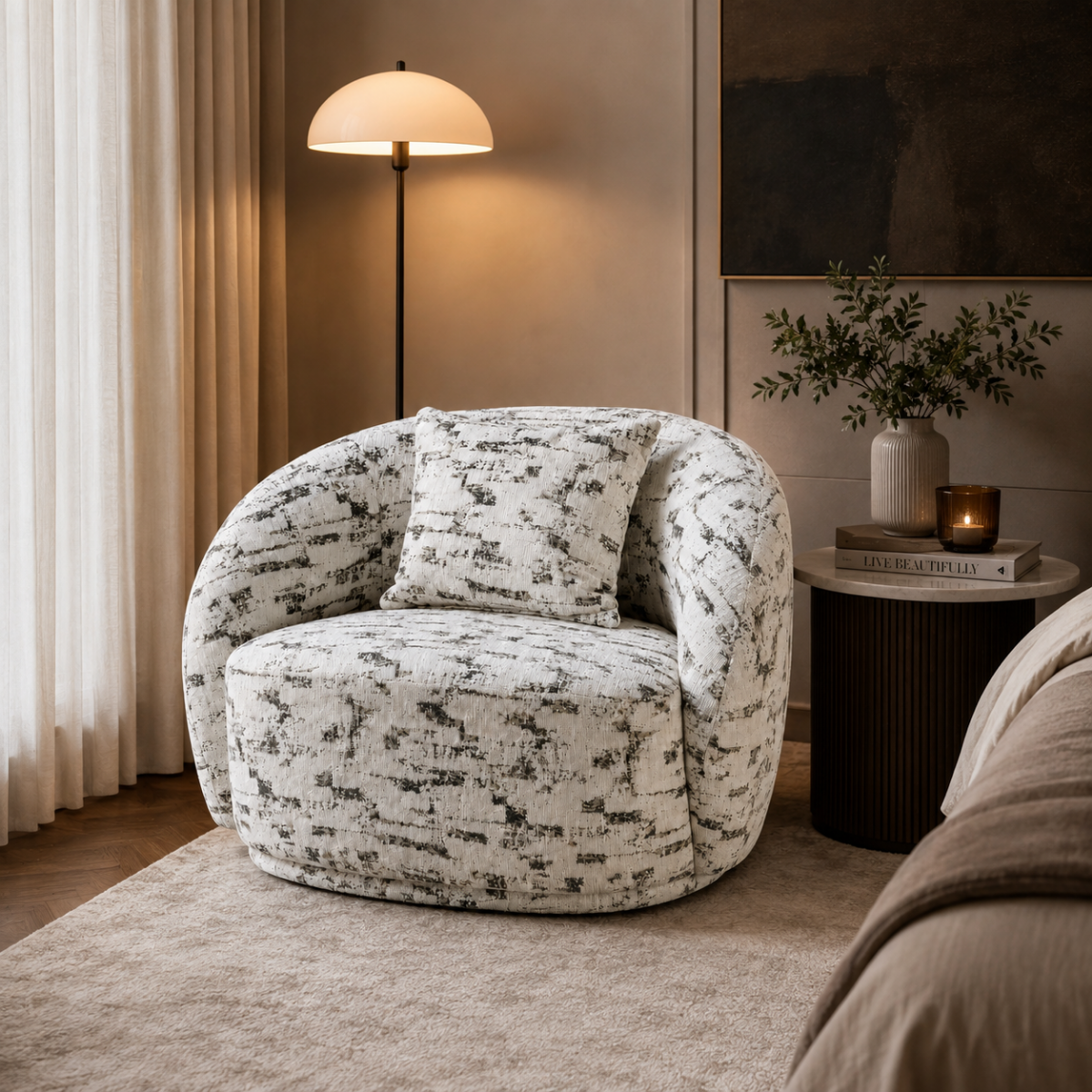 Wooden Twist Snug Modern Curved Sofa Single Seater, product view