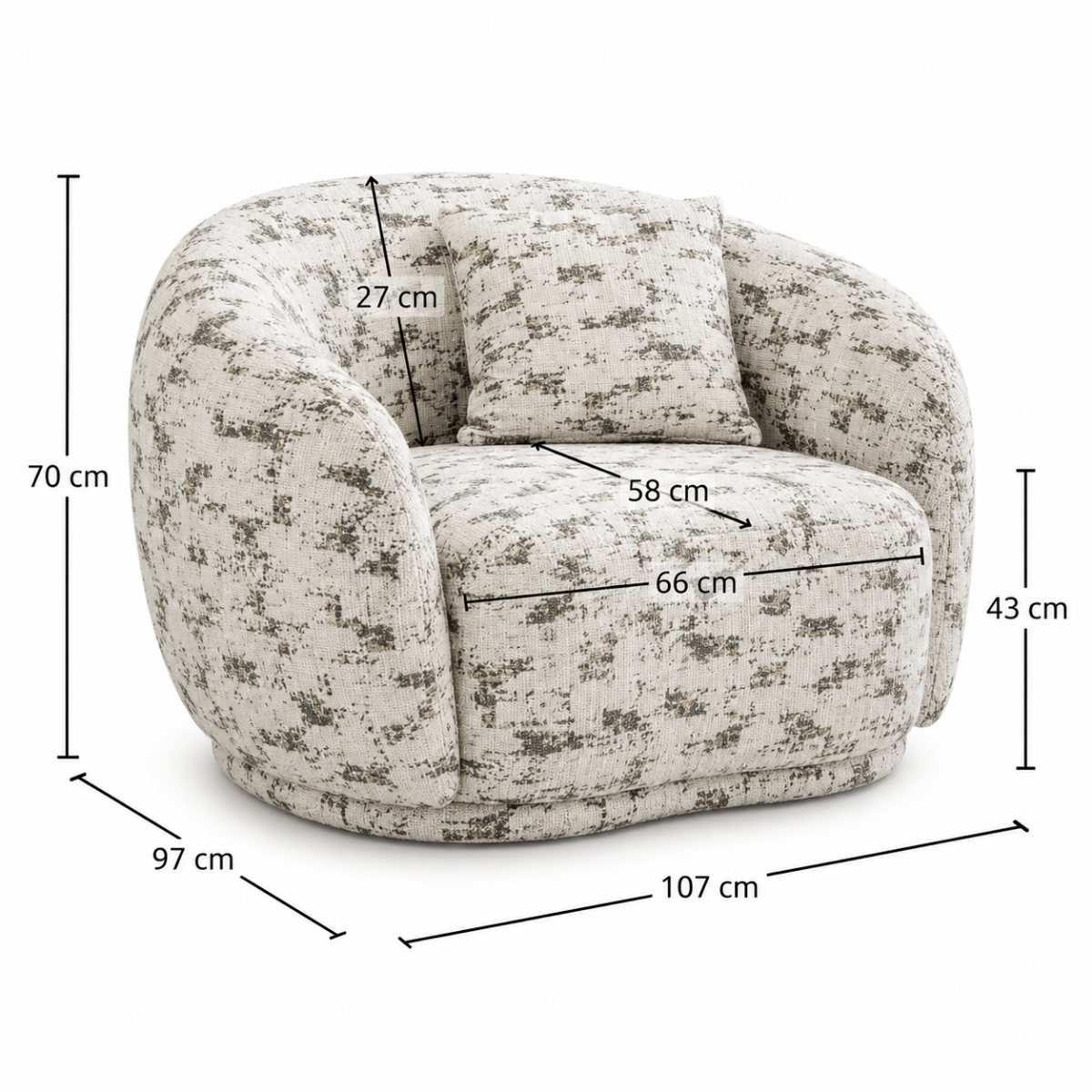Wooden Twist Snug Modern Curved Sofa Single Seater dimensions - 107 x 97 x 70 cm