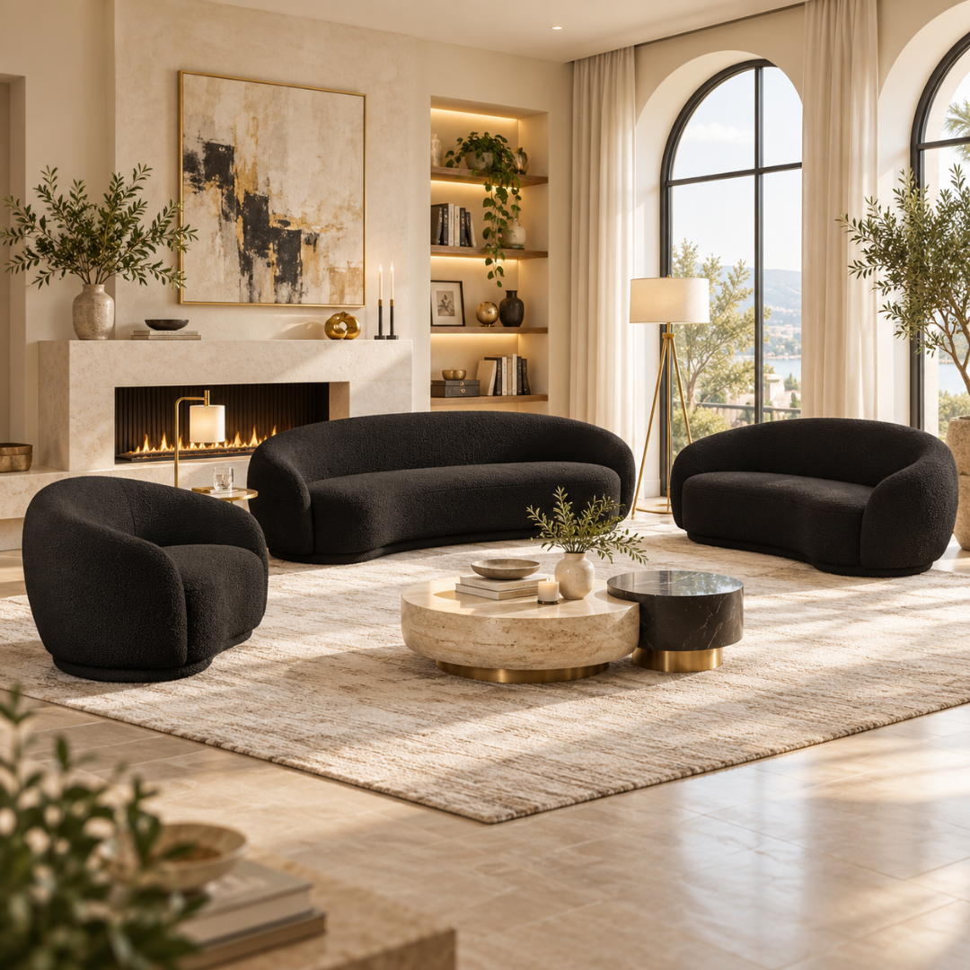 Wooden Twist Snug Black Boucle Sofa Set 3+2+1 – Living Room Setting