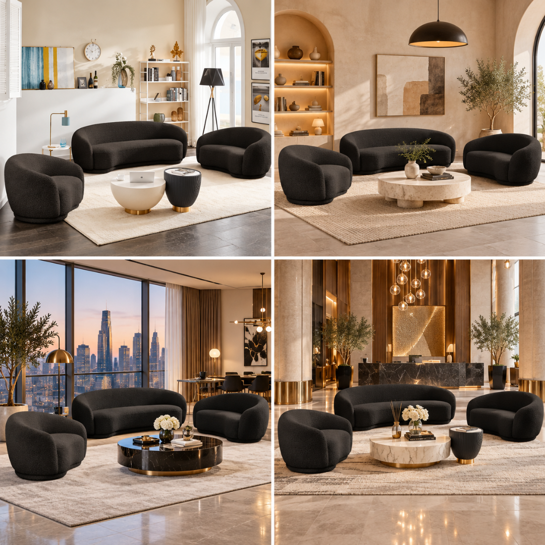 Wooden Twist Snug Black Boucle Sofa Set 3+2+1 – Room Setting Collage