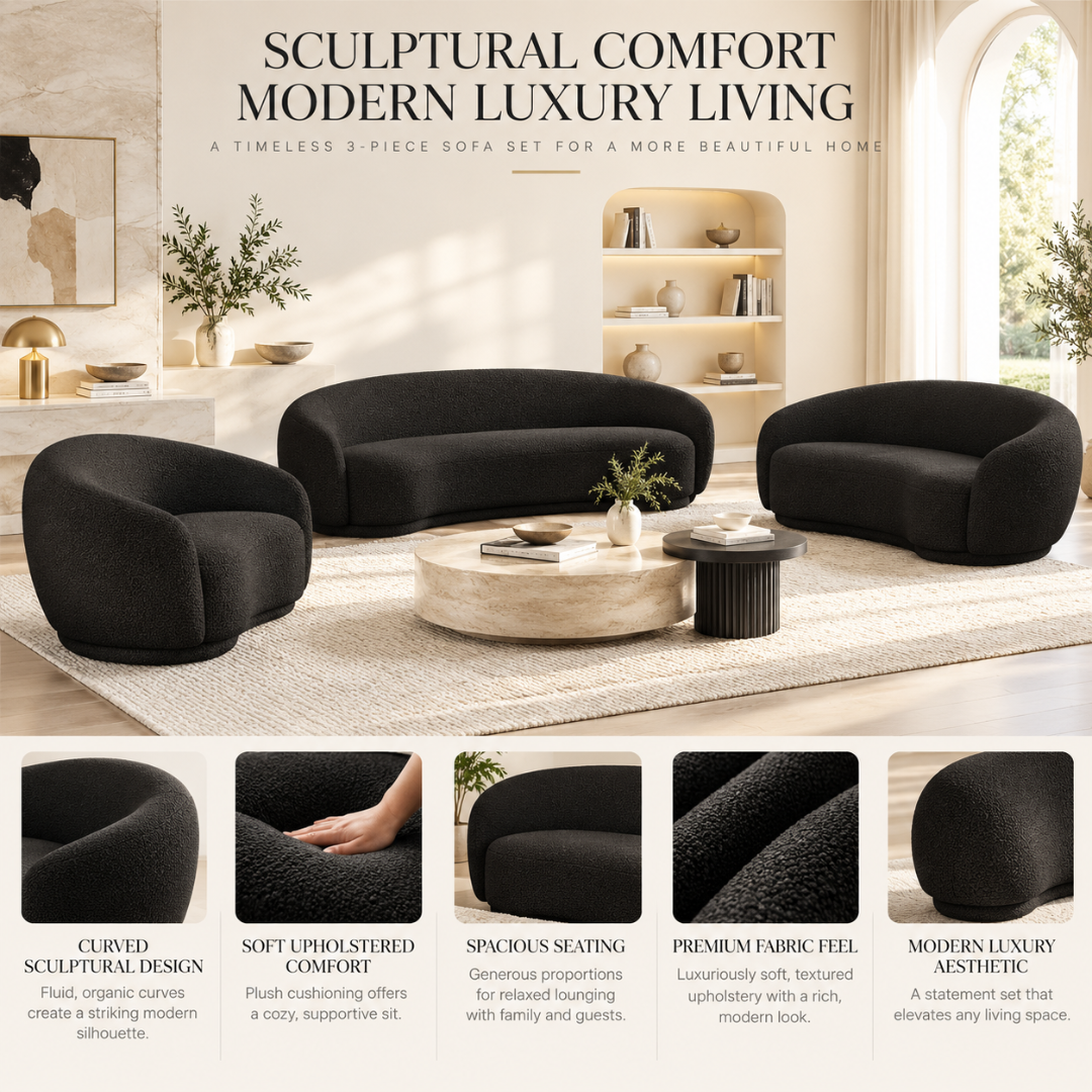 Wooden Twist Snug Black Boucle Sofa Set – Sculptural Comfort Features Infographic