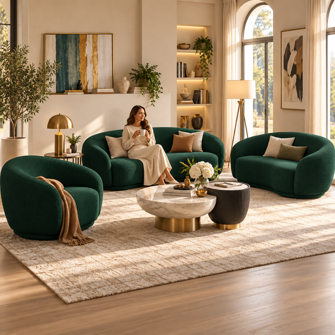 Snug Rounded Back Rich Green Modern Boucle Sofa
