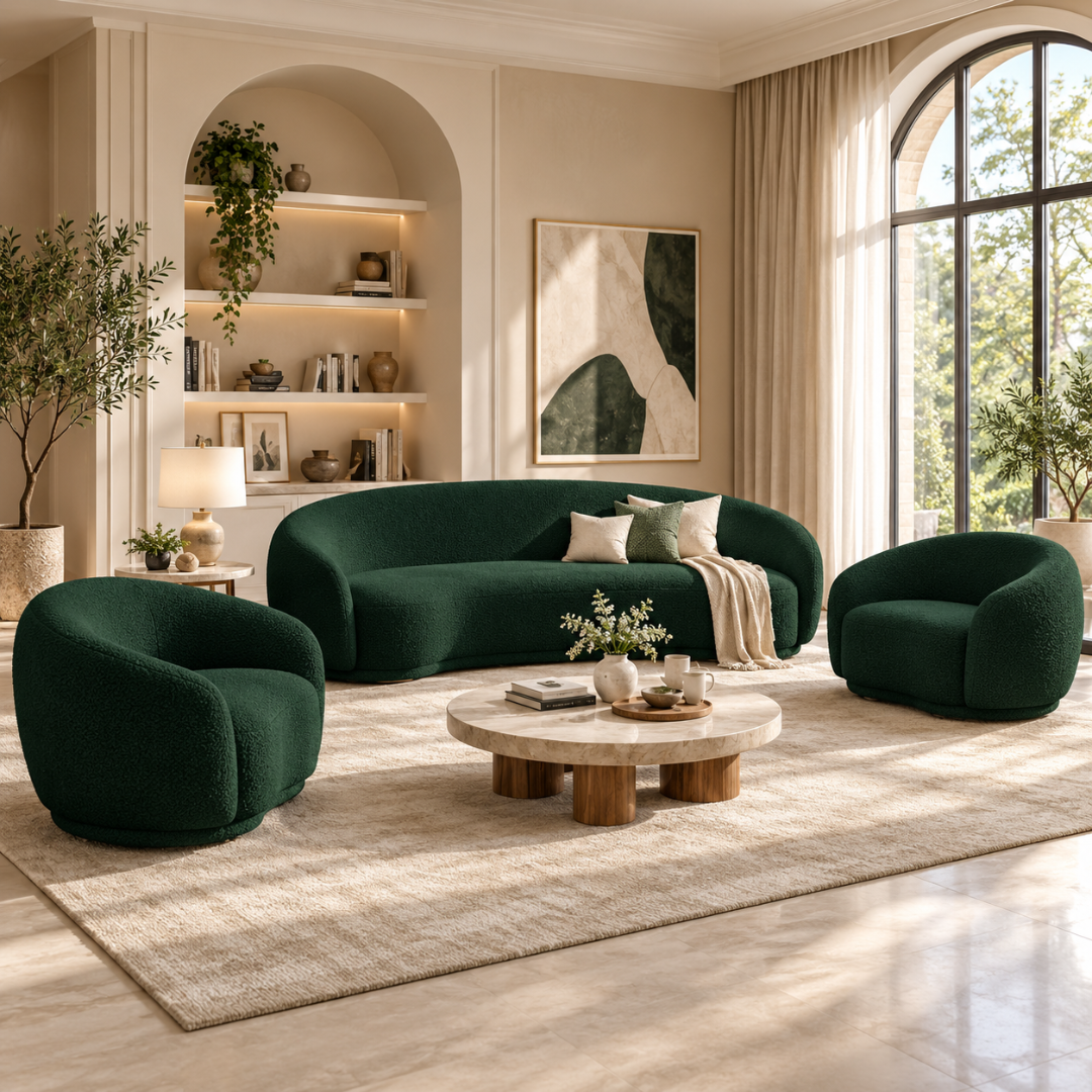 Snug Rounded Back Rich Green Modern Boucle Sofa