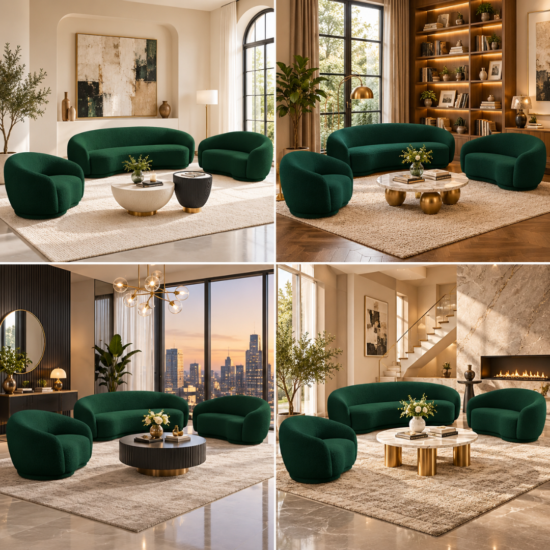 Snug Rounded Back Rich Green Modern Boucle Sofa