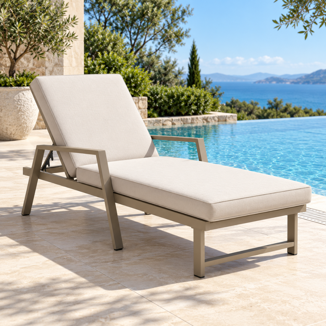 Wooden Twist Aluminium Sun Lounger Taupe & Beige – beside an infinity pool with sea view