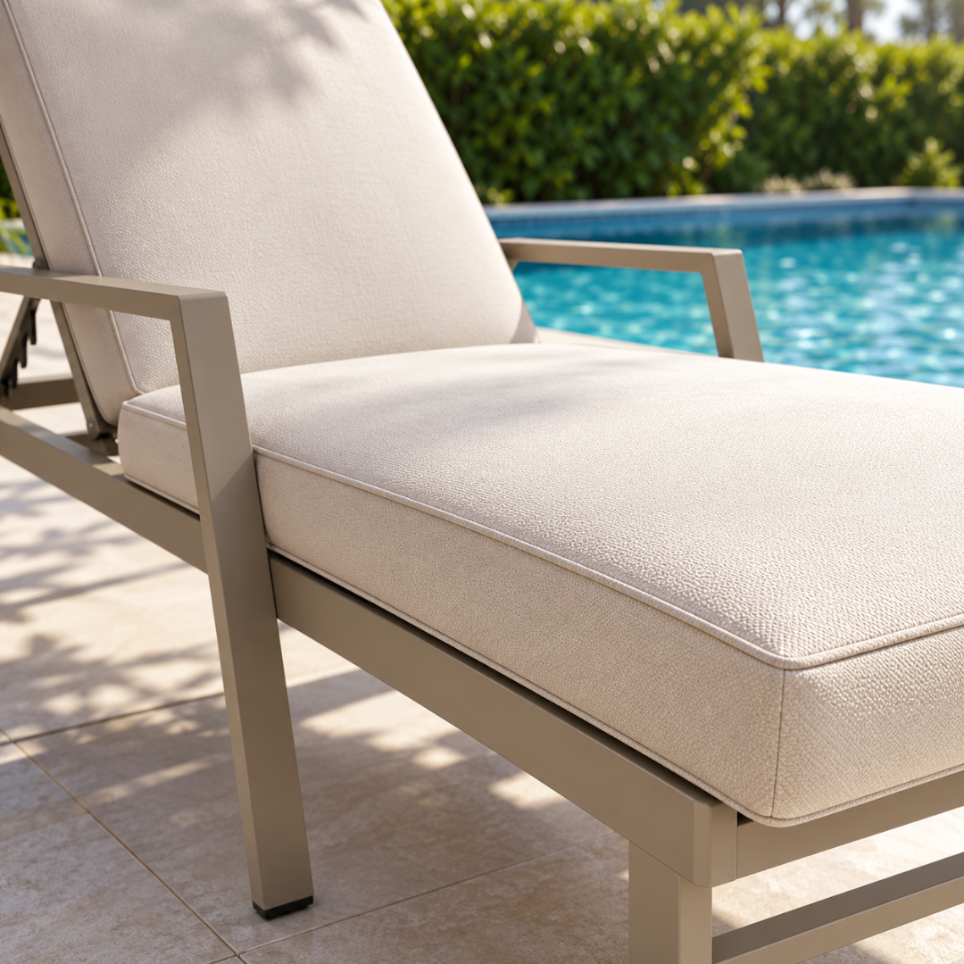 Wooden Twist Aluminium Sun Lounger Taupe & Beige – close-up of textured beige cushion and aluminium frame