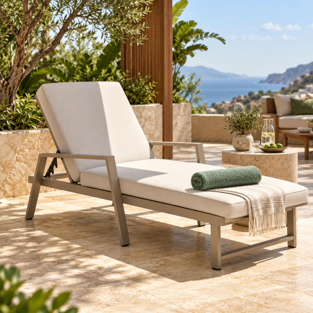 Wooden Twist Aluminium Sun Lounger Taupe & Beige – on a stone terrace with towel and side table