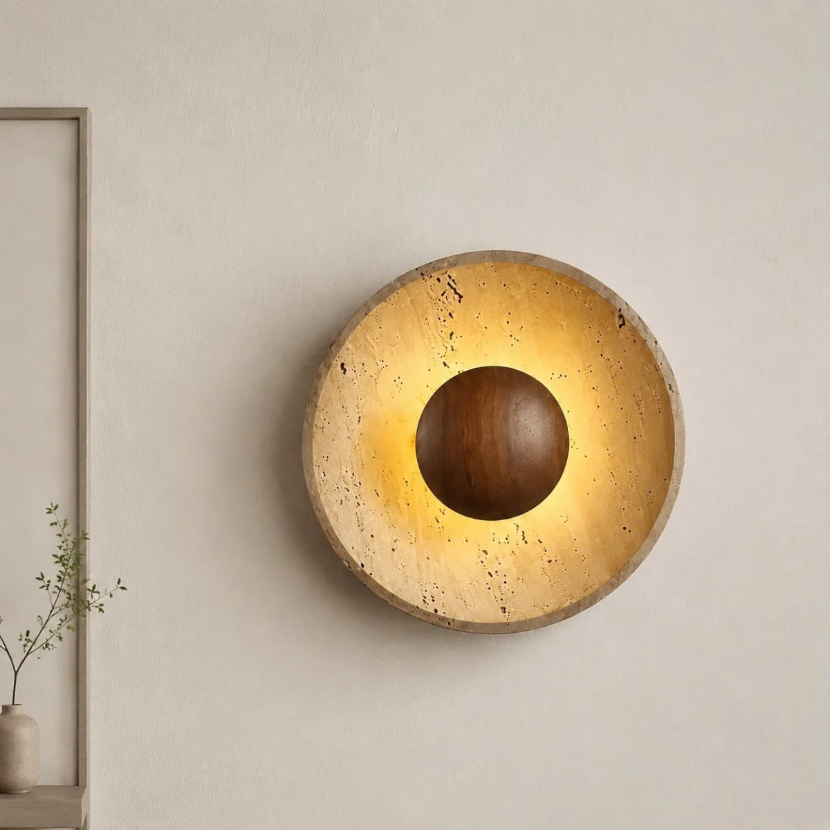 Close-up of Solara Travertine Round Wall Light showing the walnut wood center dome and warm ambient halo glow