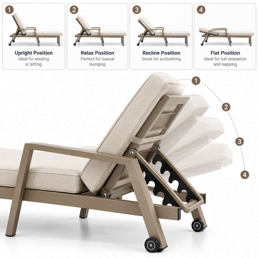 Wooden Twist Aluminium Sun Lounger Taupe & Beige – 4-position adjustable outdoor chaise lounge with wheels