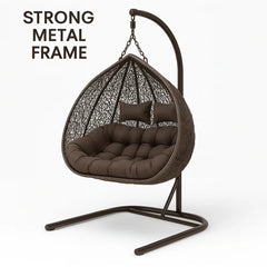 Brown hanging chair with a strong metal frame on a white background
