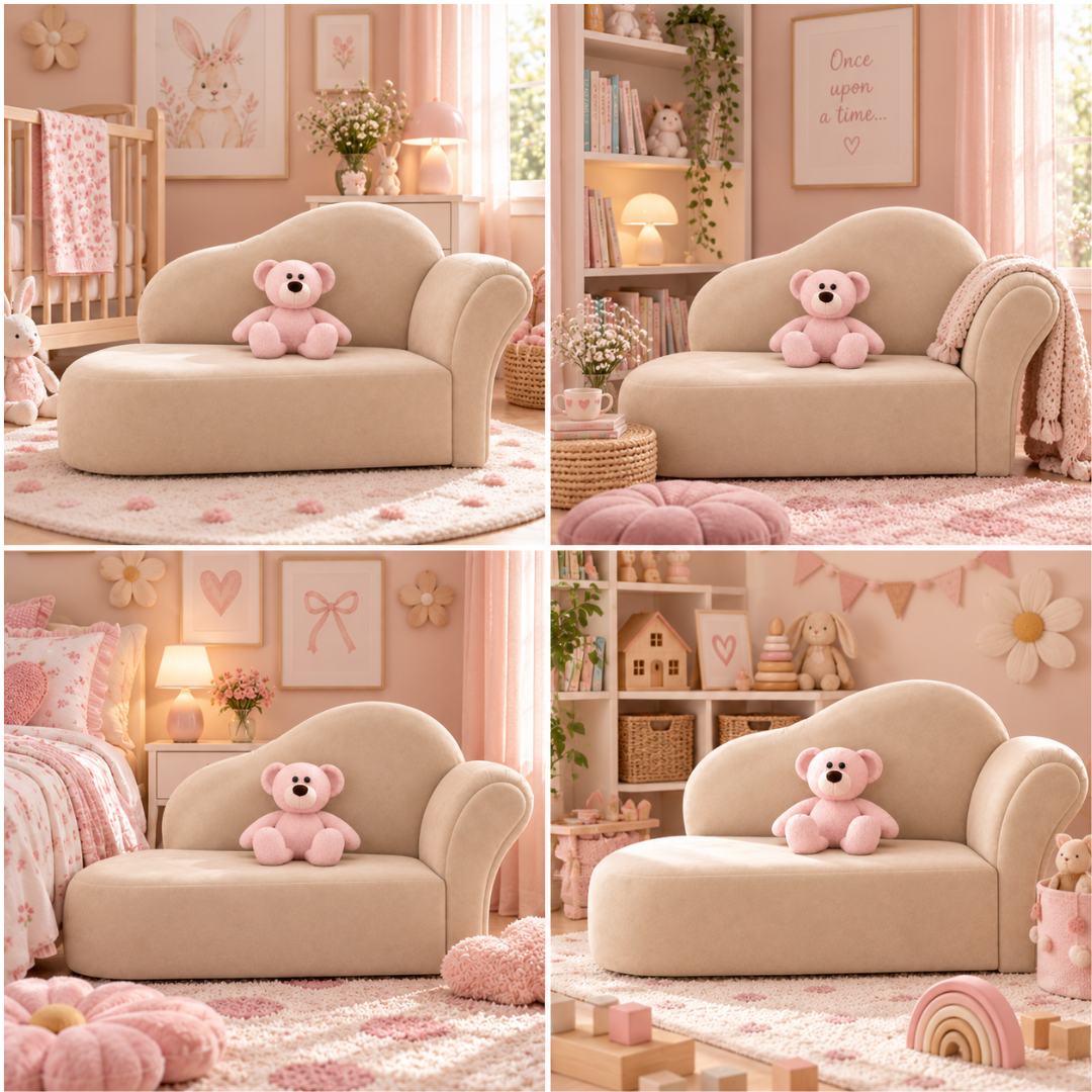 Wooden Twist Princess Velvet Kids Chaise Sofa Beige – Room Styling Ideas