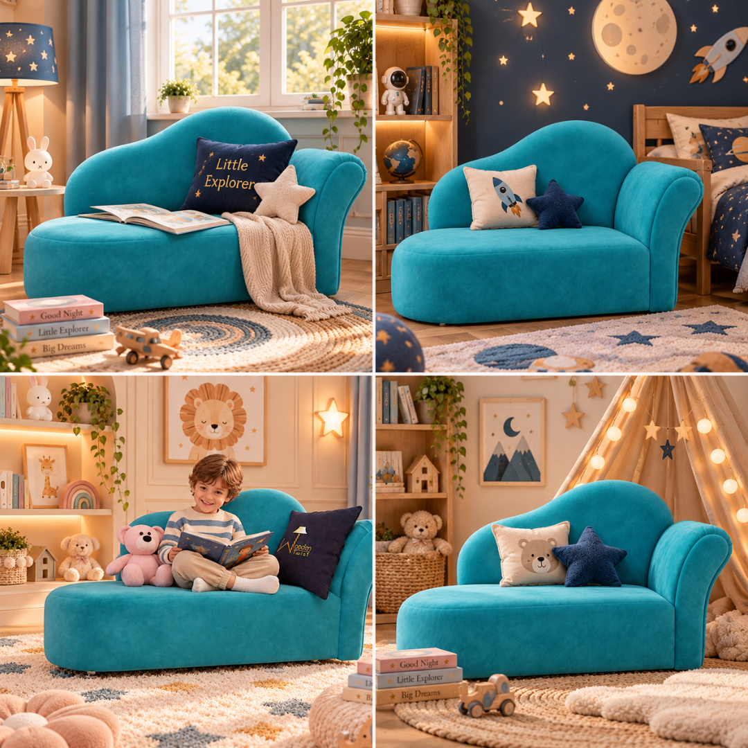 Wooden Twist Princess Velvet Kids Chaise Sofa Sky Blue – Room Styling Ideas