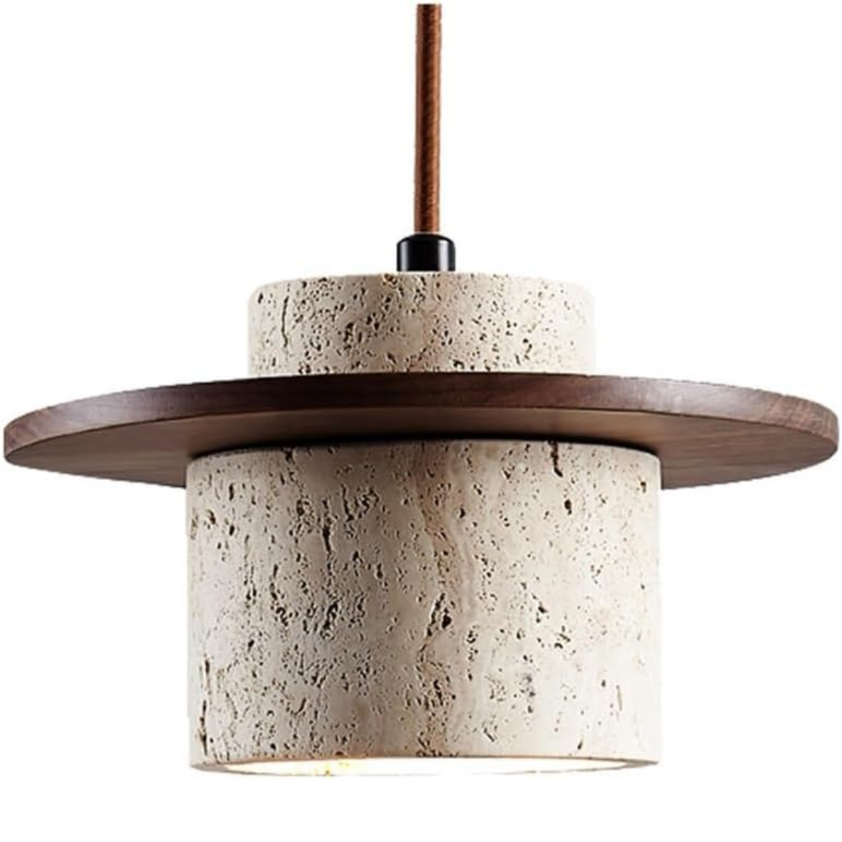 close-up front view of the travertine shade and walnut wood disc accent, lit