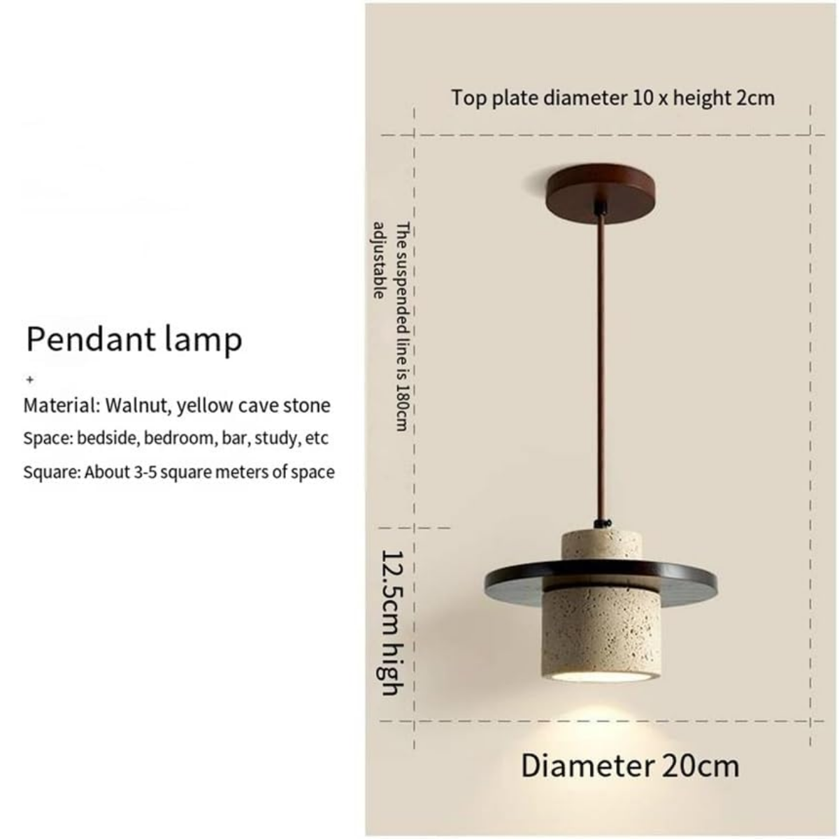 dimensions - top plate Dia 10cm x H2cm, cord adjustable to 180cm, shade Dia 20cm x H12.5cm