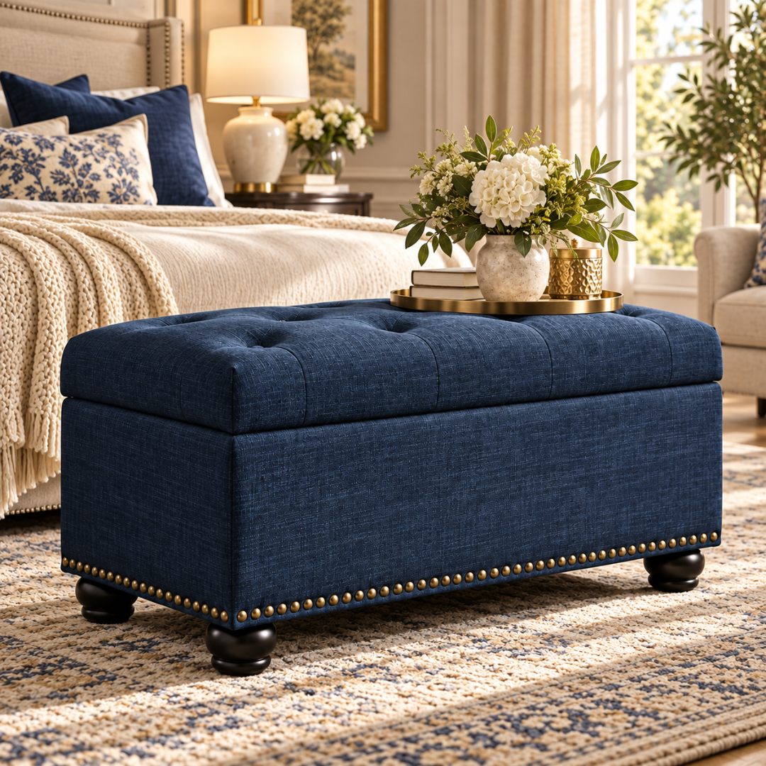 Wooden Twist blue tufted storage ottoman used as a coffee table with tray – lifestyle view in bedroom