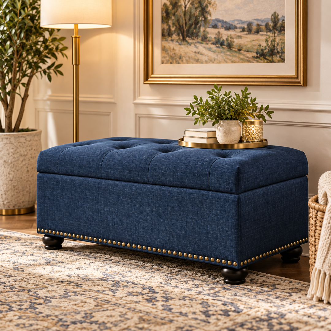 Wooden Twist blue tufted rectangle ottoman with decor tray – lifestyle view in living room
