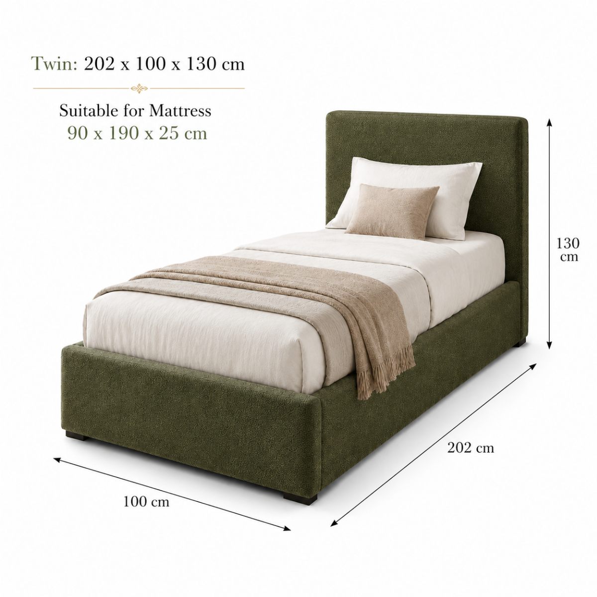 Wooden Twist Marlo Olive Green Boucle Upholstered Hydraulic Storage Bed with Lift-Up Storage