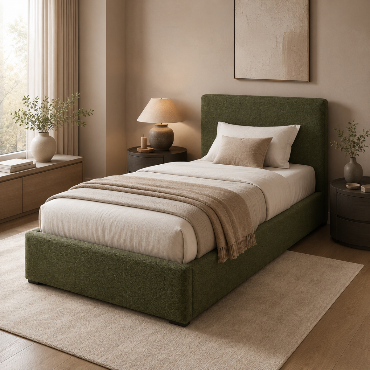 Wooden Twist Marlo Olive Green Boucle Upholstered Hydraulic Storage Bed with Lift-Up Storage
