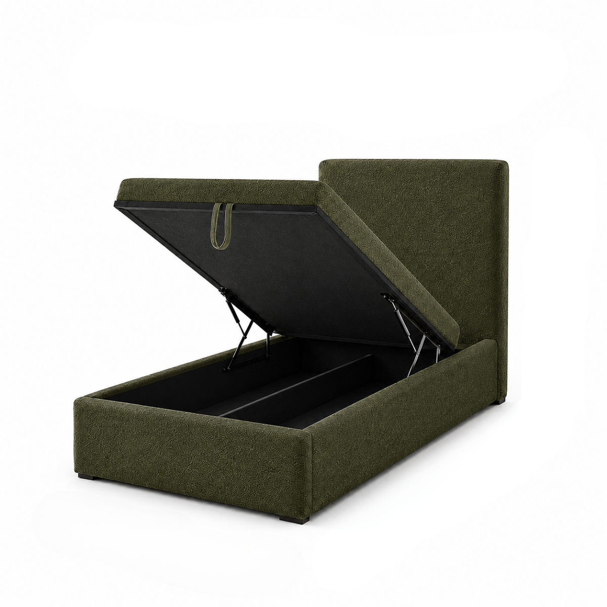 Wooden Twist Marlo Olive Green Boucle Upholstered Hydraulic Storage Bed with Lift-Up Storage
