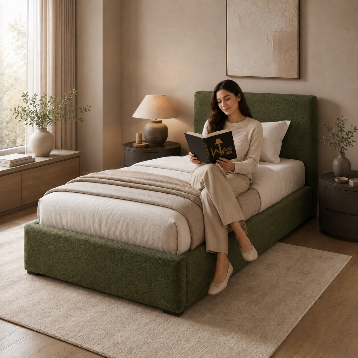 Wooden Twist Marlo Olive Green Boucle Upholstered Hydraulic Storage Bed with Lift-Up Storage