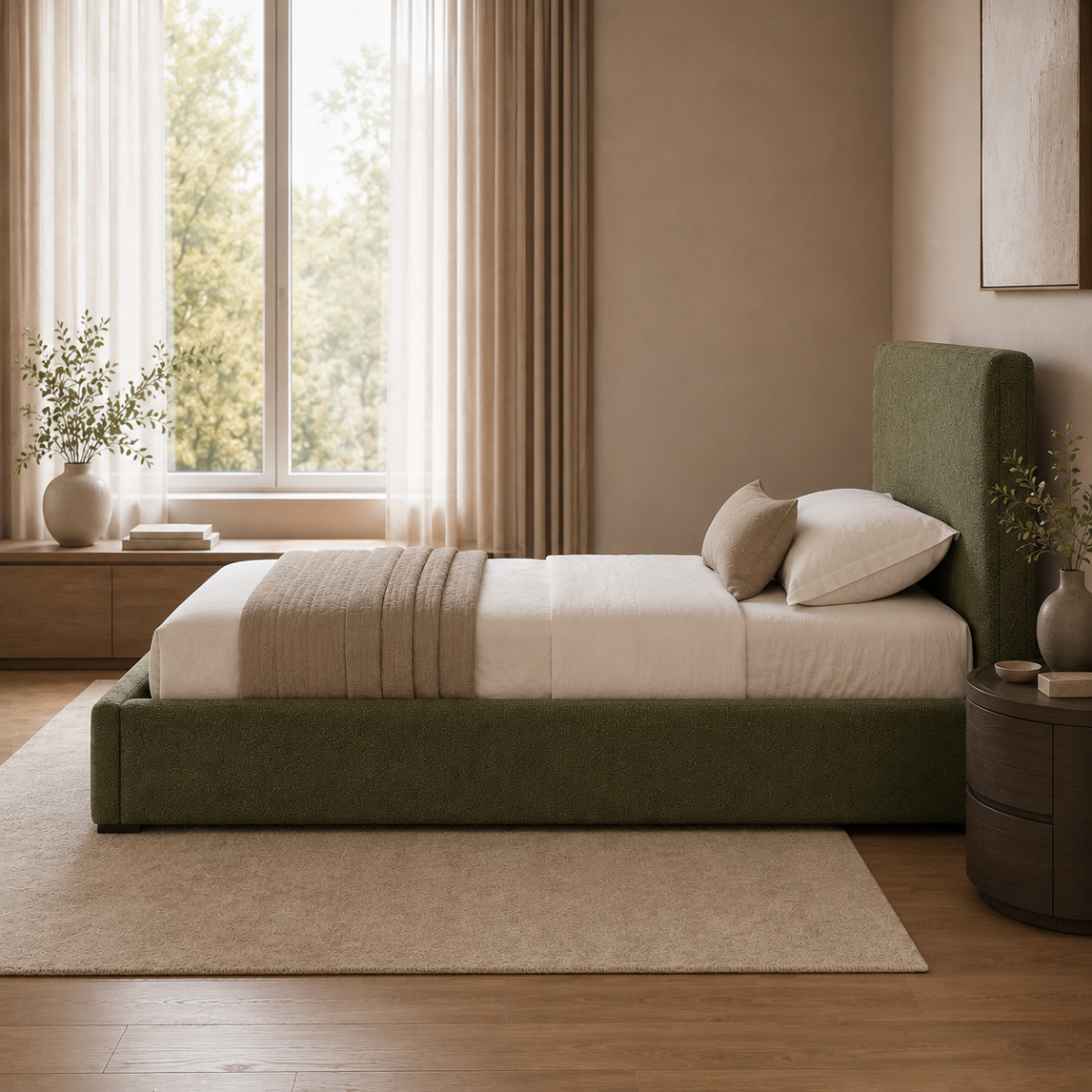 Wooden Twist Marlo Olive Green Boucle Upholstered Hydraulic Storage Bed with Lift-Up Storage