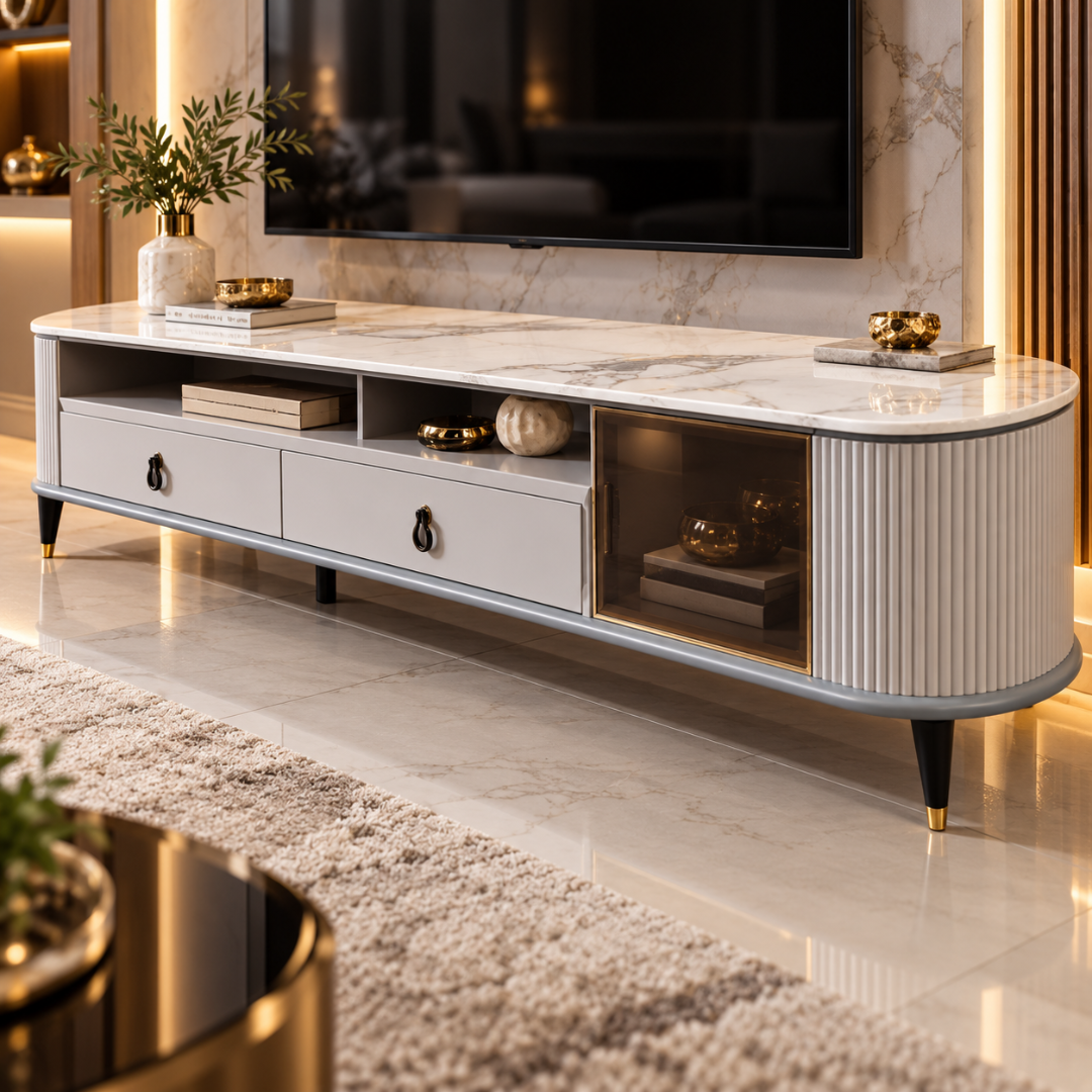 Wooden Twist Ivorra Fluted Faux Marble TV Unit Ivory – angled view with drawers, open shelves and glass door