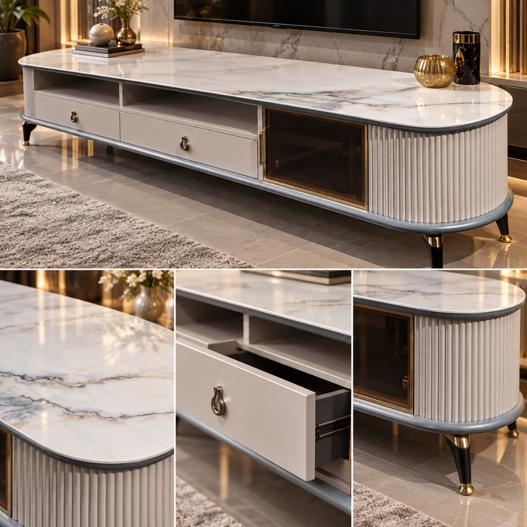 Wooden Twist Ivorra Fluted Faux Marble TV Unit Ivory – close-ups of faux marble top, open drawer and fluted end