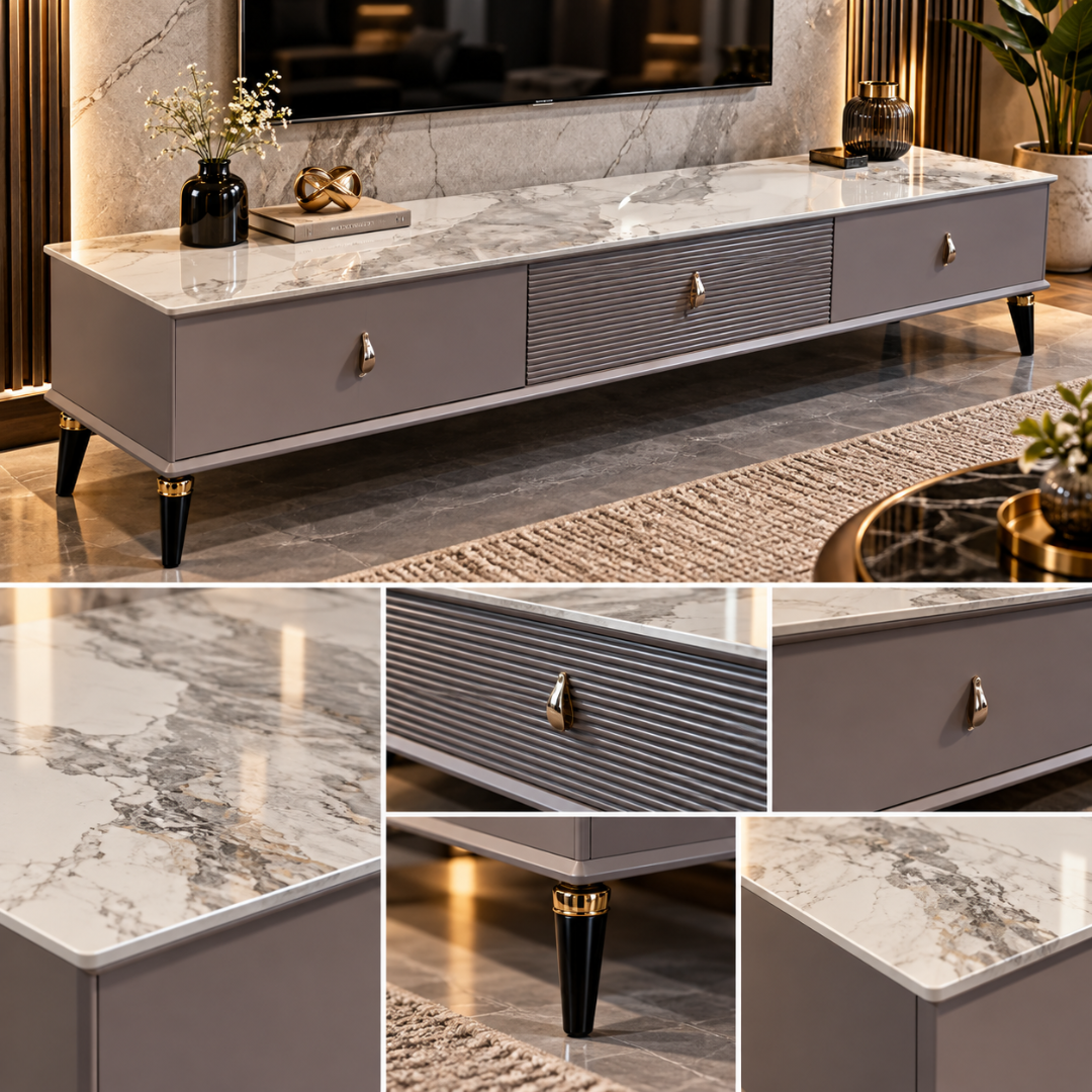 Wooden Twist Serrano Faux Marble Top TV Unit Grey – close-ups of faux marble top, fluted drawer, pulls and gold-banded legs