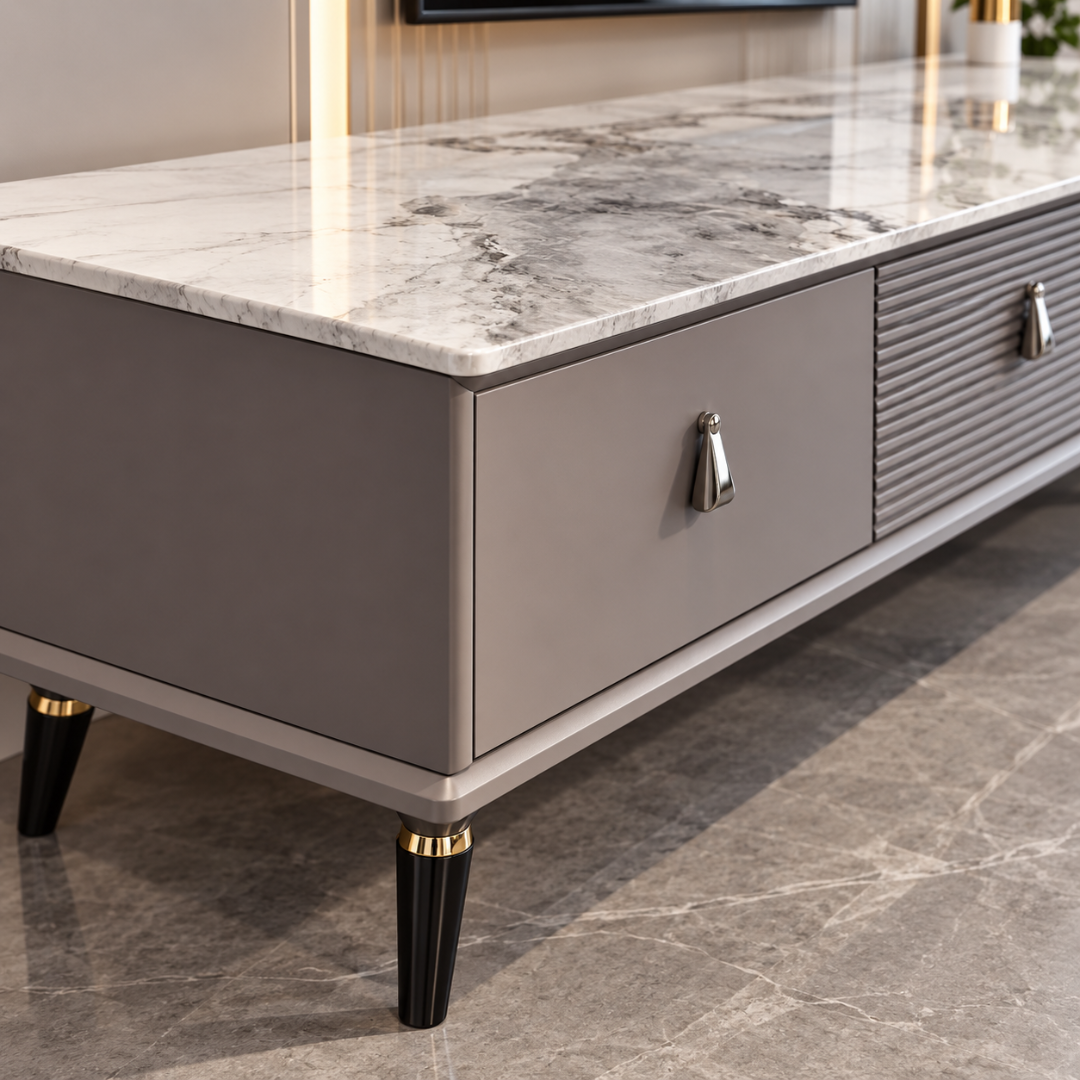 Wooden Twist Serrano Faux Marble Top TV Unit Grey – corner close-up of faux marble top, drawer pull and black leg