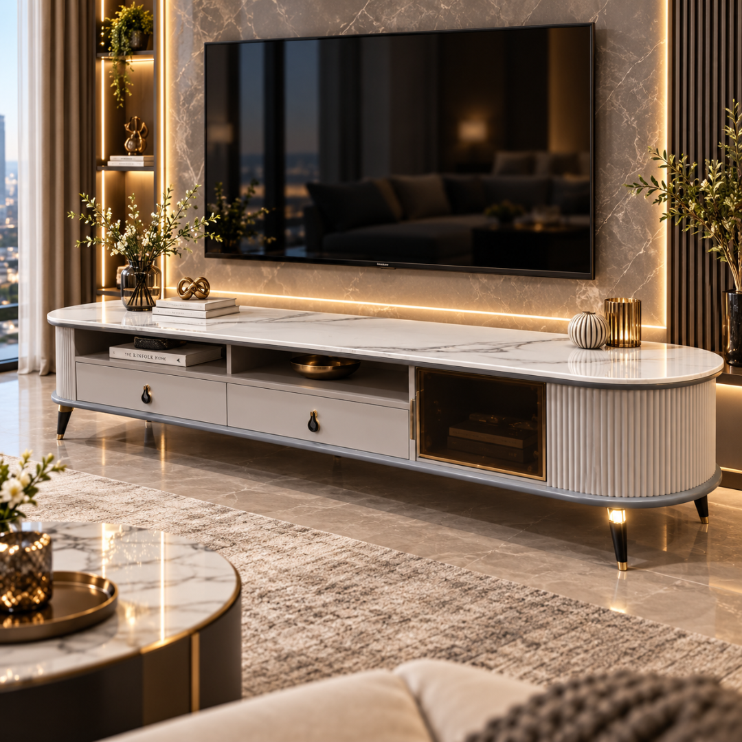 Wooden Twist Ivorra Fluted Faux Marble TV Unit Ivory – in a city-view living room with LED backlit wall