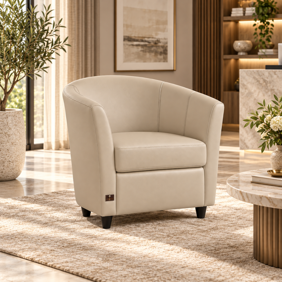 Wooden Twist Belmonte PU Leather Tub Accent Chair Beige – in a sunlit living room beside a marble coffee table