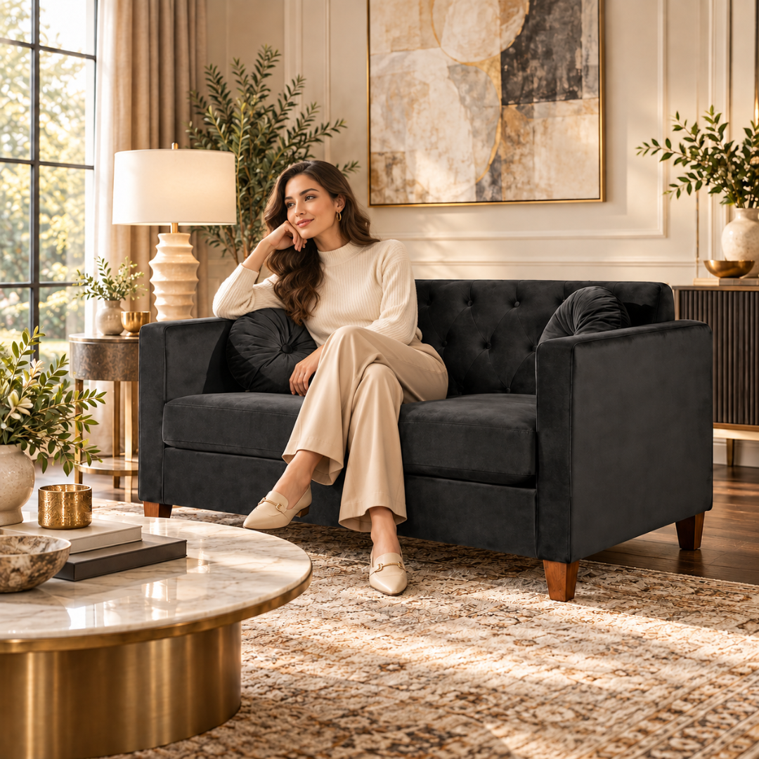 Wooden Twist Velvet Square Arm Loveseat 2 Seater Sofa Black – Woman Seated on Loveseat