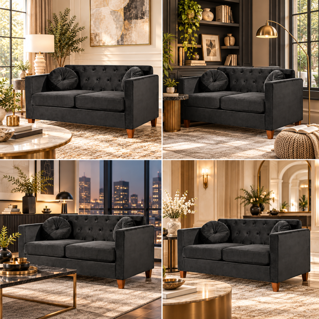 Wooden Twist Velvet Square Arm Loveseat 2 Seater Sofa Black – Room Setting Collage