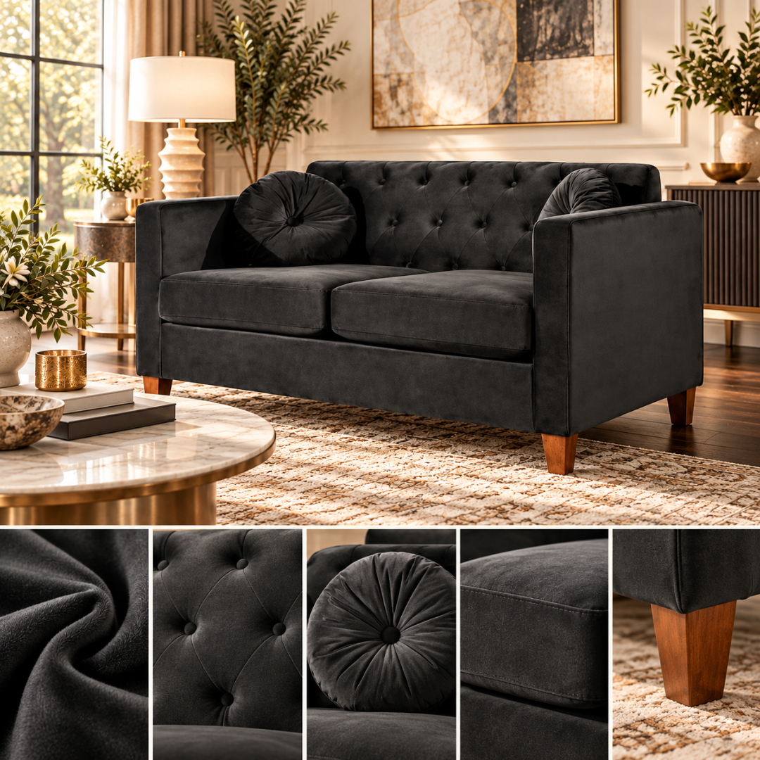 Wooden Twist Velvet Square Arm Loveseat 2 Seater Sofa Black – Velvet Fabric and Tufting Details