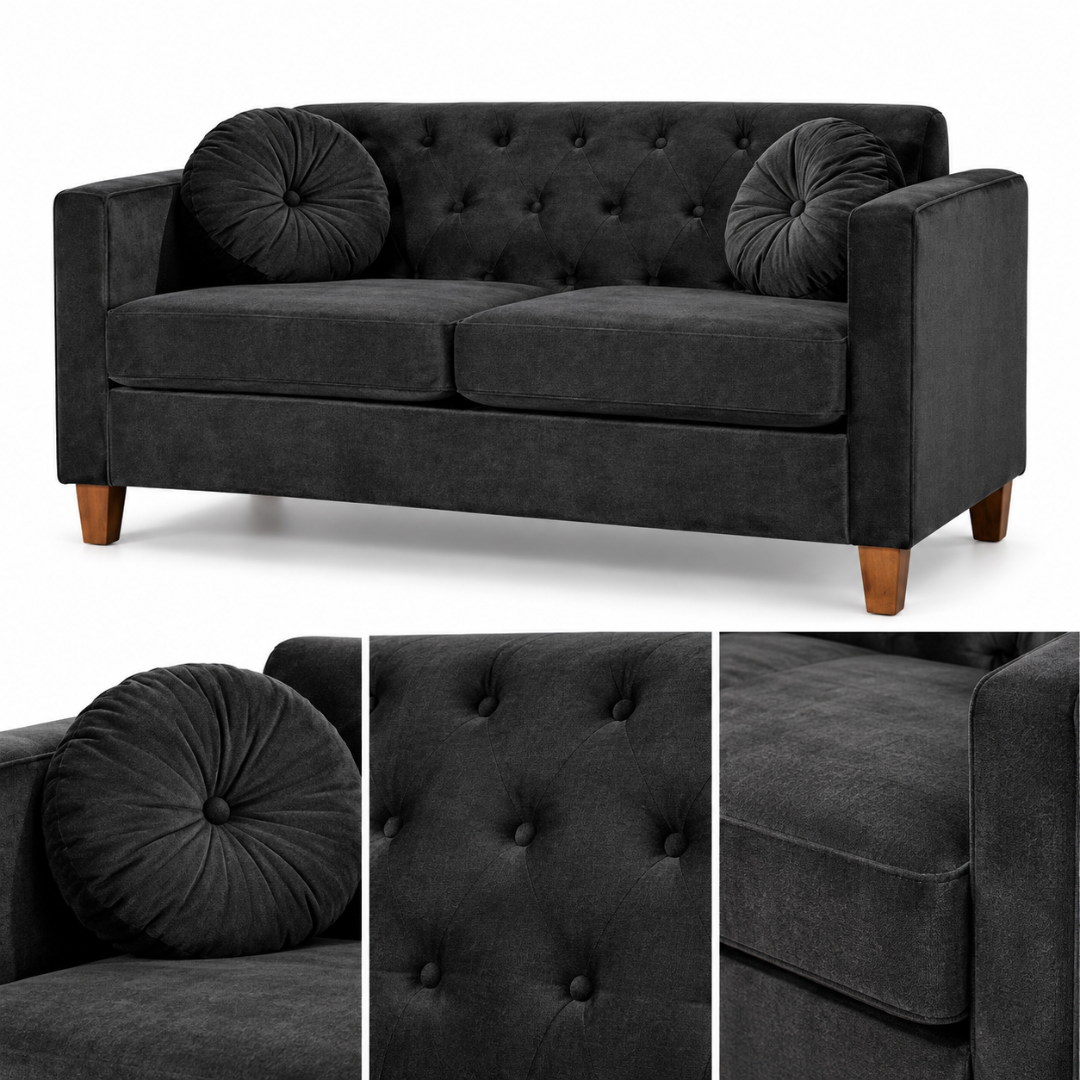 Wooden Twist Velvet Square Arm Loveseat 2 Seater Sofa Black – Angle View with Detail Close-Ups