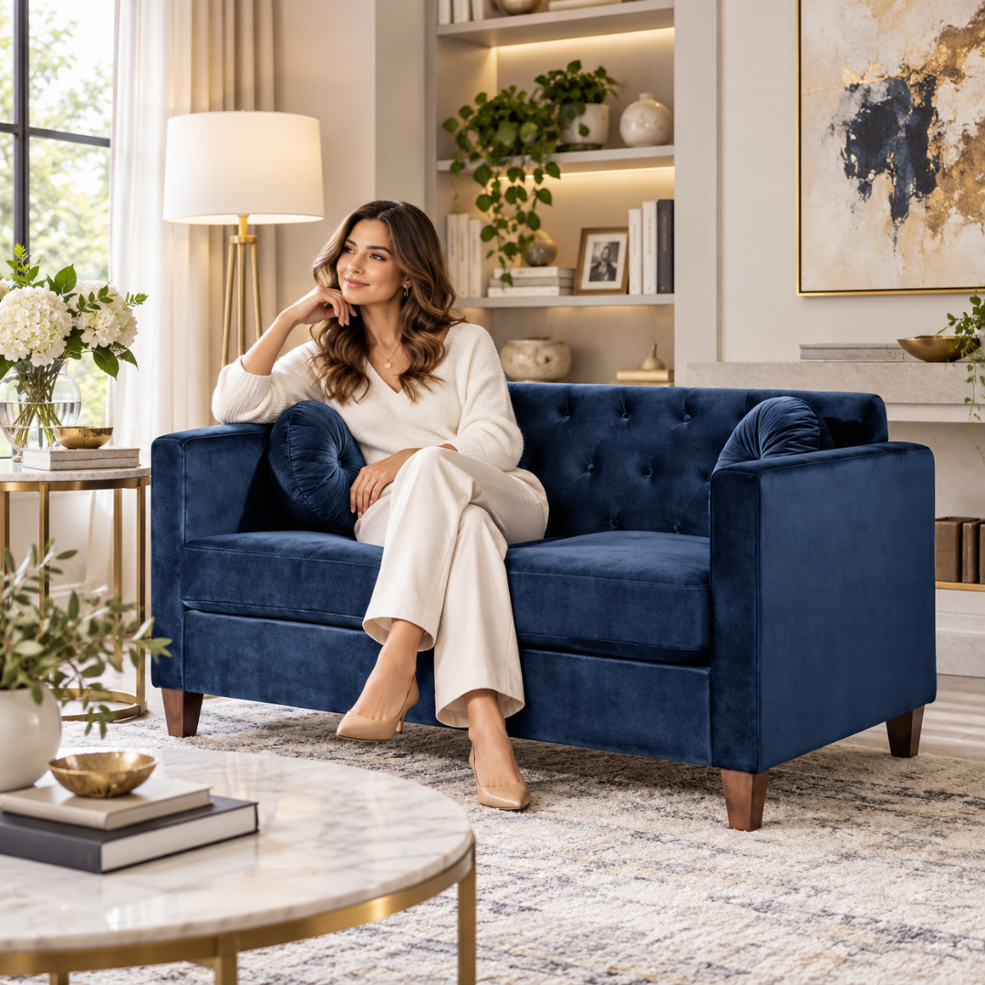 Wooden Twist Velvet Square Arm Loveseat 2 Seater Sofa Blue – Woman Seated on Loveseat