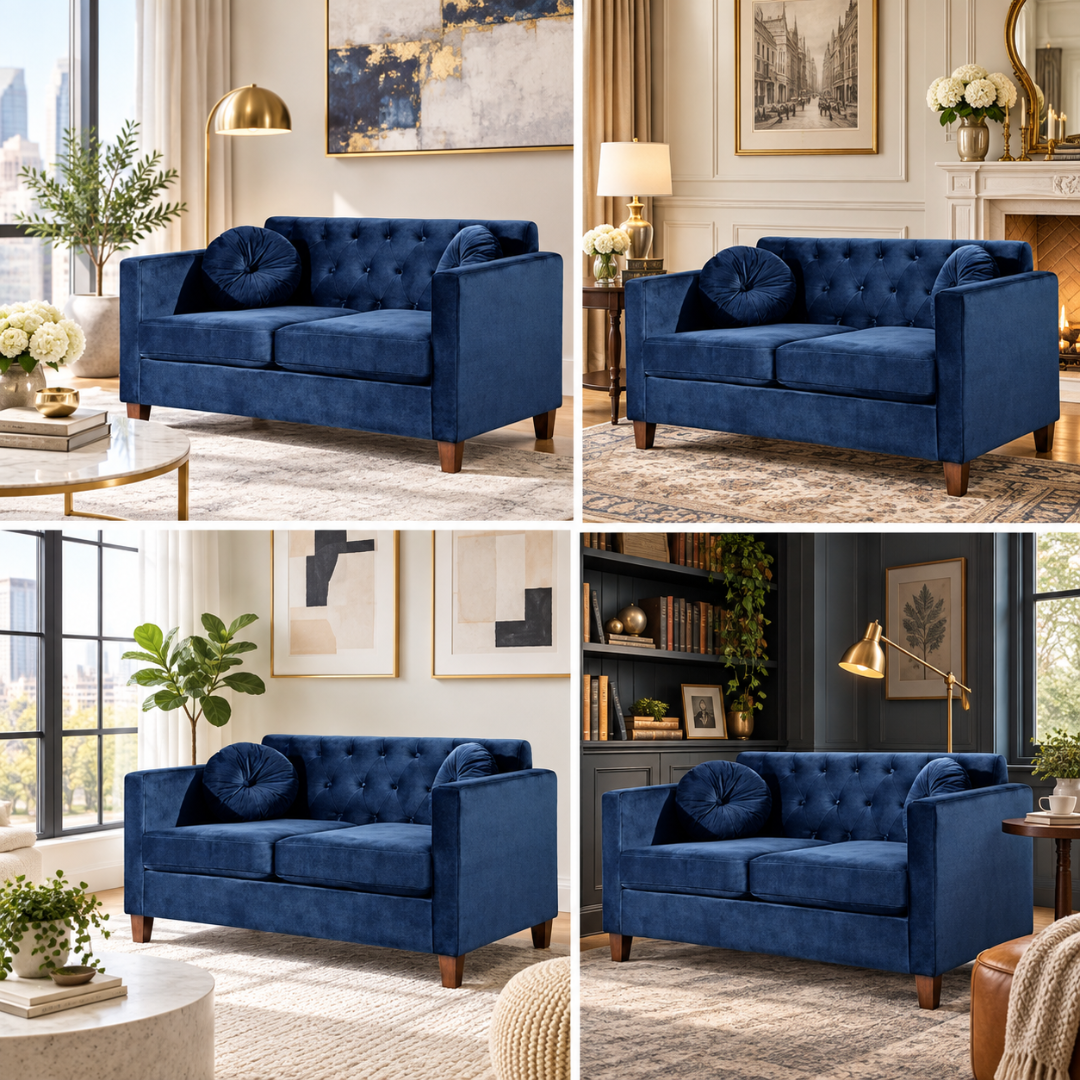 Wooden Twist Velvet Square Arm Loveseat 2 Seater Sofa Blue – Room Setting Collage