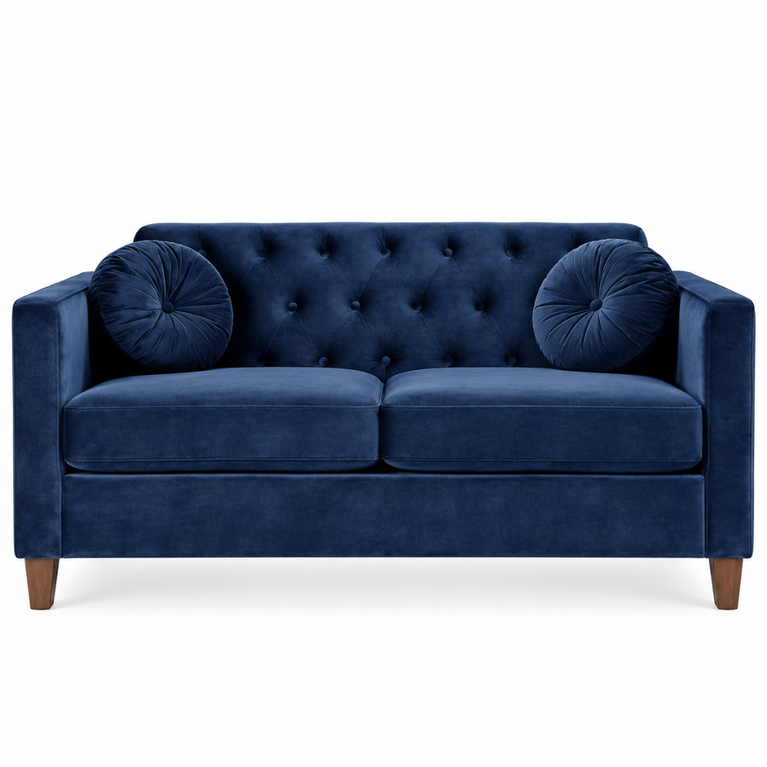 Wooden Twist Velvet Square Arm Loveseat 2 Seater Sofa Blue – Front View