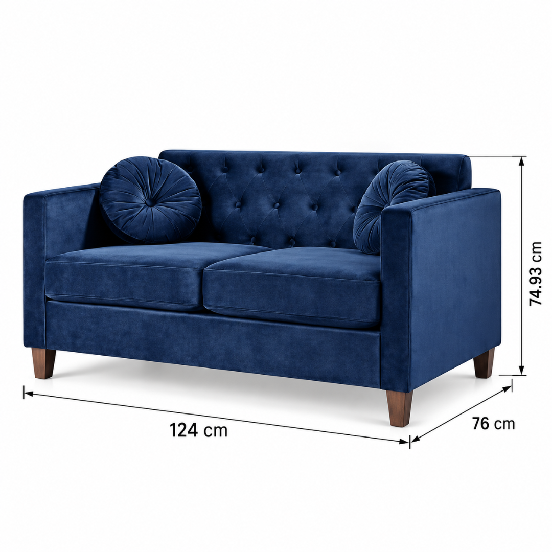 Wooden Twist Velvet Square Arm Loveseat 2 Seater Sofa Blue – Dimensions 124 x 76 x 74.93 cm