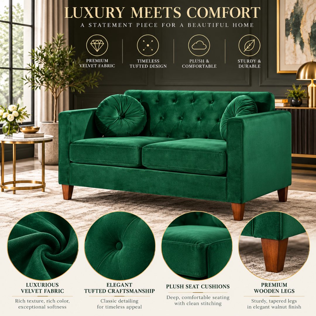 Wooden Twist Velvet Square Arm Loveseat 2 Seater Sofa Green – Luxury Meets Comfort Features