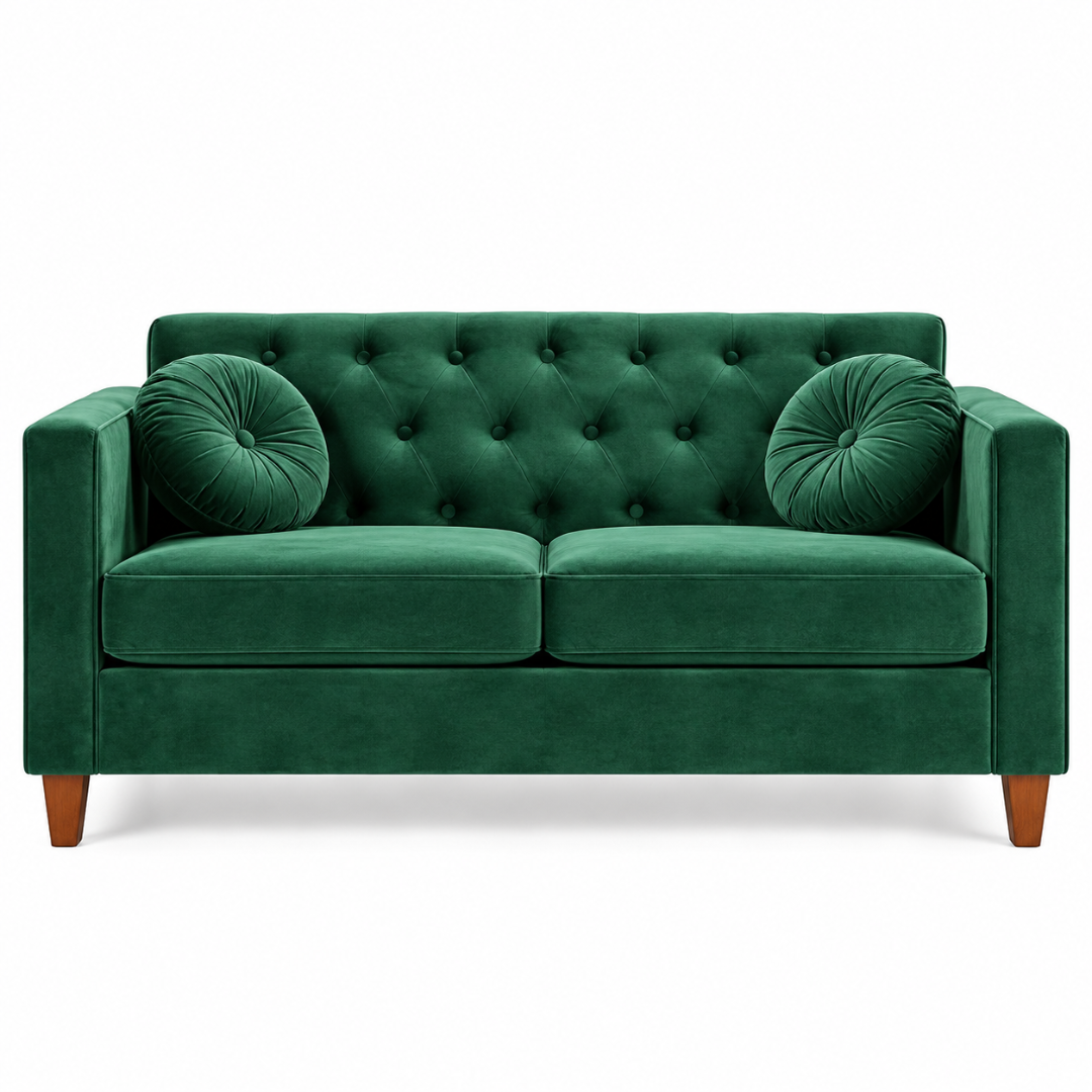 Wooden Twist Velvet Square Arm Loveseat 2 Seater Sofa Green – Front View