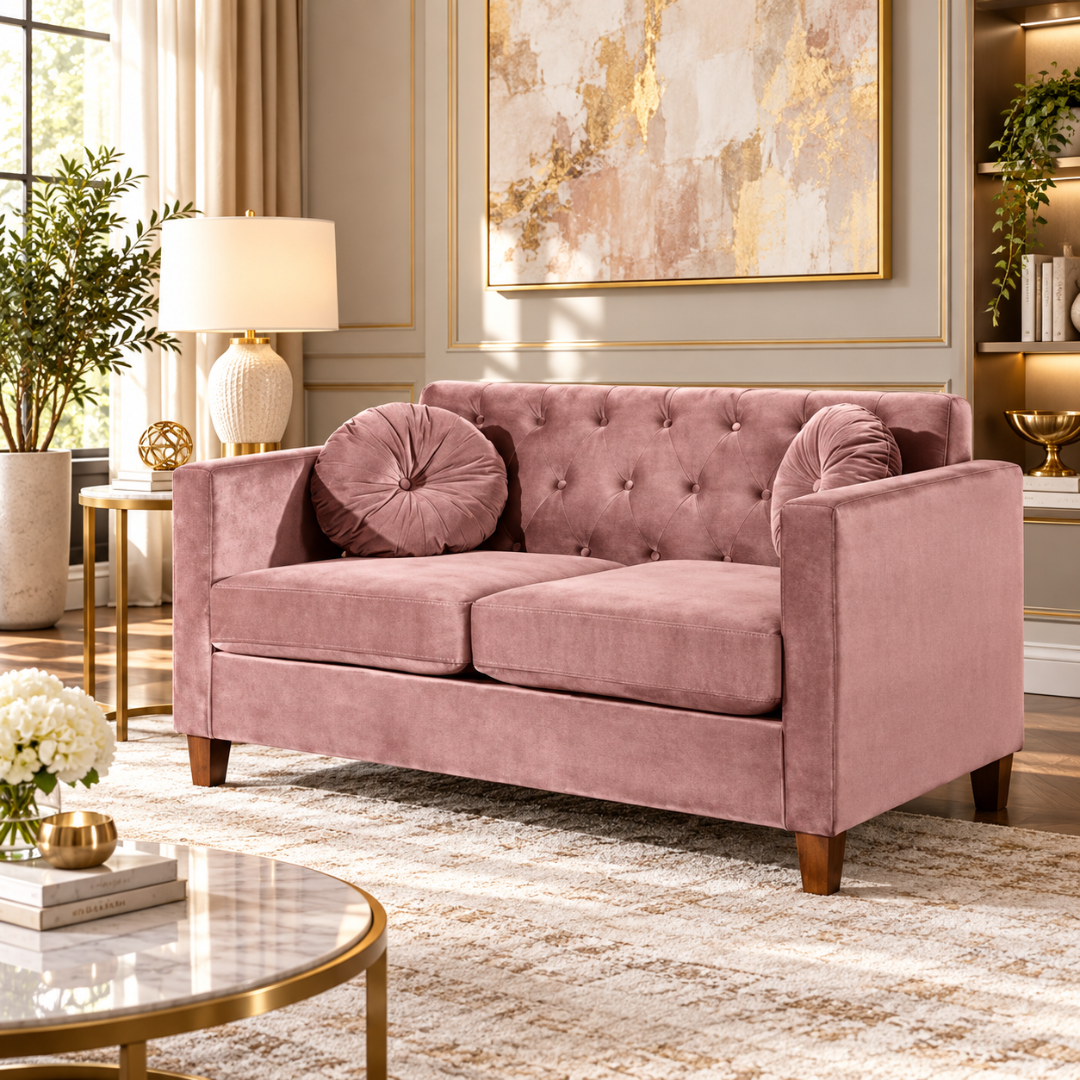 Wooden Twist Velvet Square Arm Loveseat 2 Seater Sofa Pink – Living Room Setting
