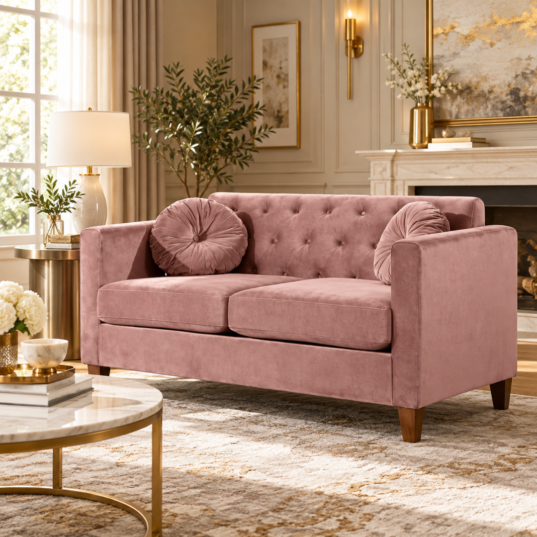 Wooden Twist Velvet Square Arm Loveseat 2 Seater Sofa Pink – Close-Up in Living Room