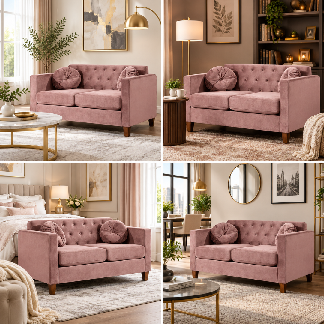 Wooden Twist Velvet Square Arm Loveseat 2 Seater Sofa Pink – Room Setting Collage