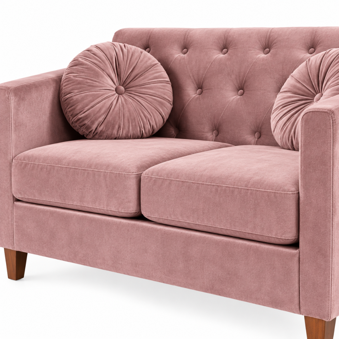 Wooden Twist Velvet Square Arm Loveseat 2 Seater Sofa Pink – Tufted Backrest and Round Pillow Close-Up