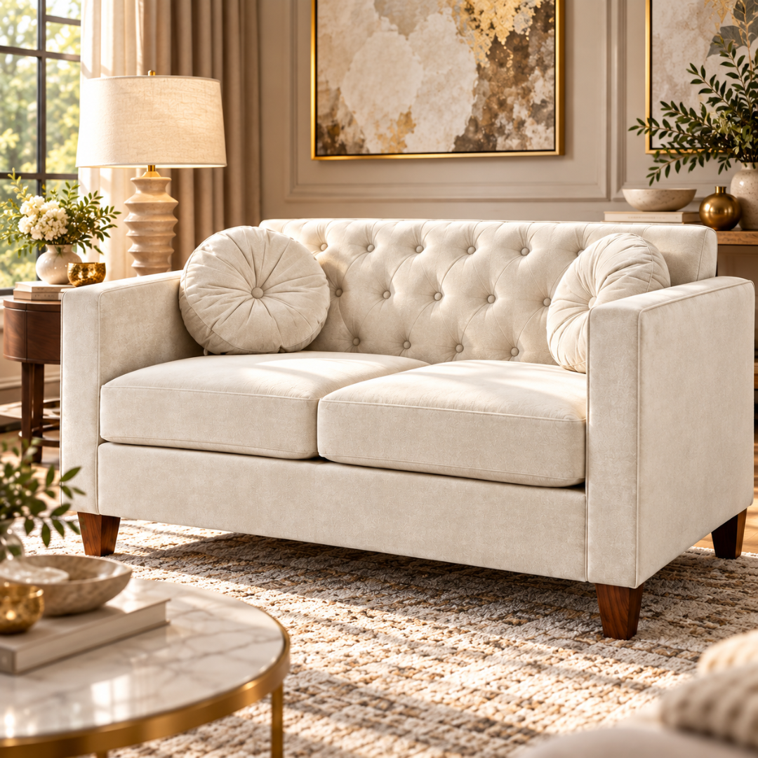 Wooden Twist Velvet Square Arm Loveseat 2 Seater Sofa Cream – Close-Up in Living Room