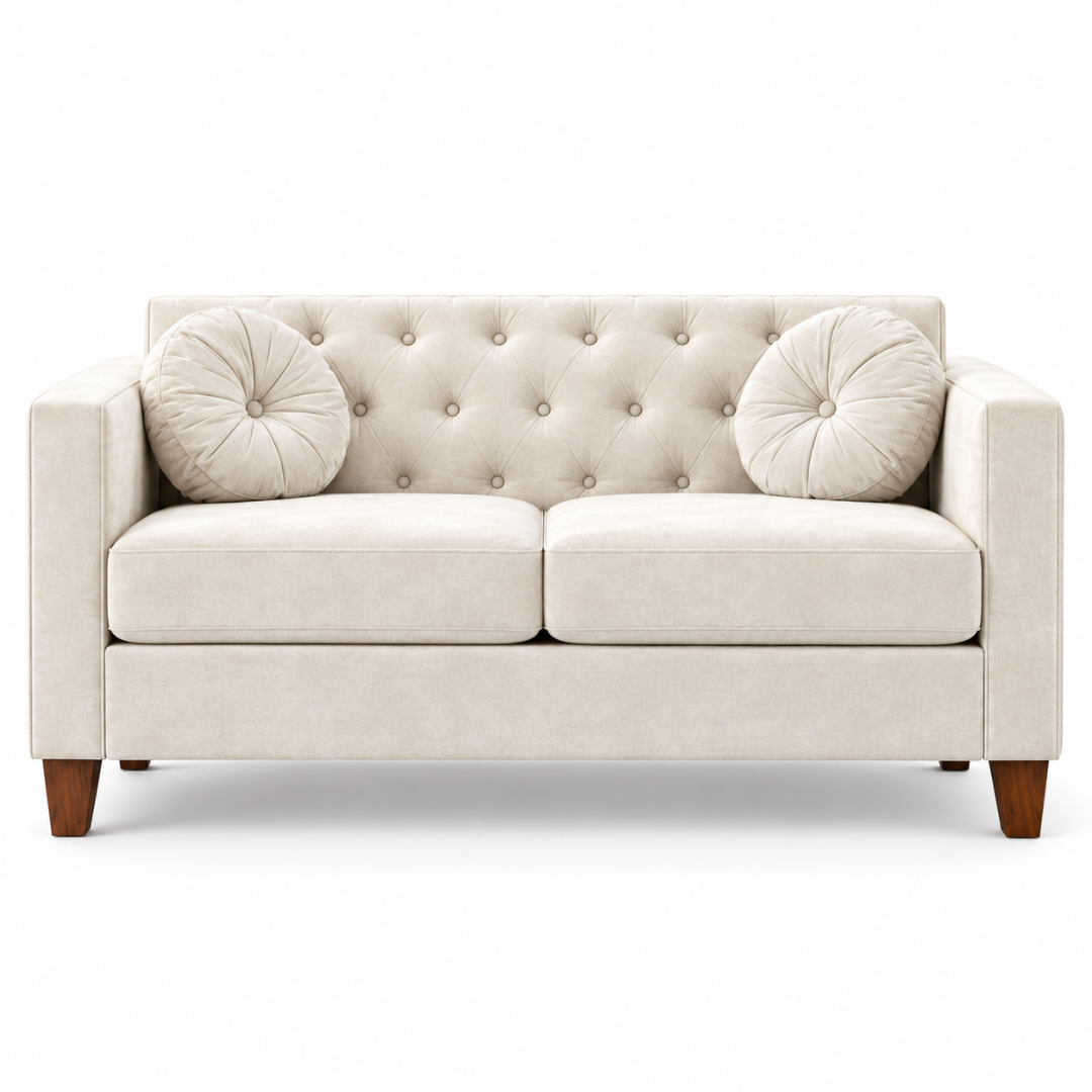 Wooden Twist Velvet Square Arm Loveseat 2 Seater Sofa Cream – Front View